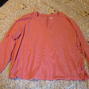 Lands' End Coral Striped V-Neck Long Sleeve Tee